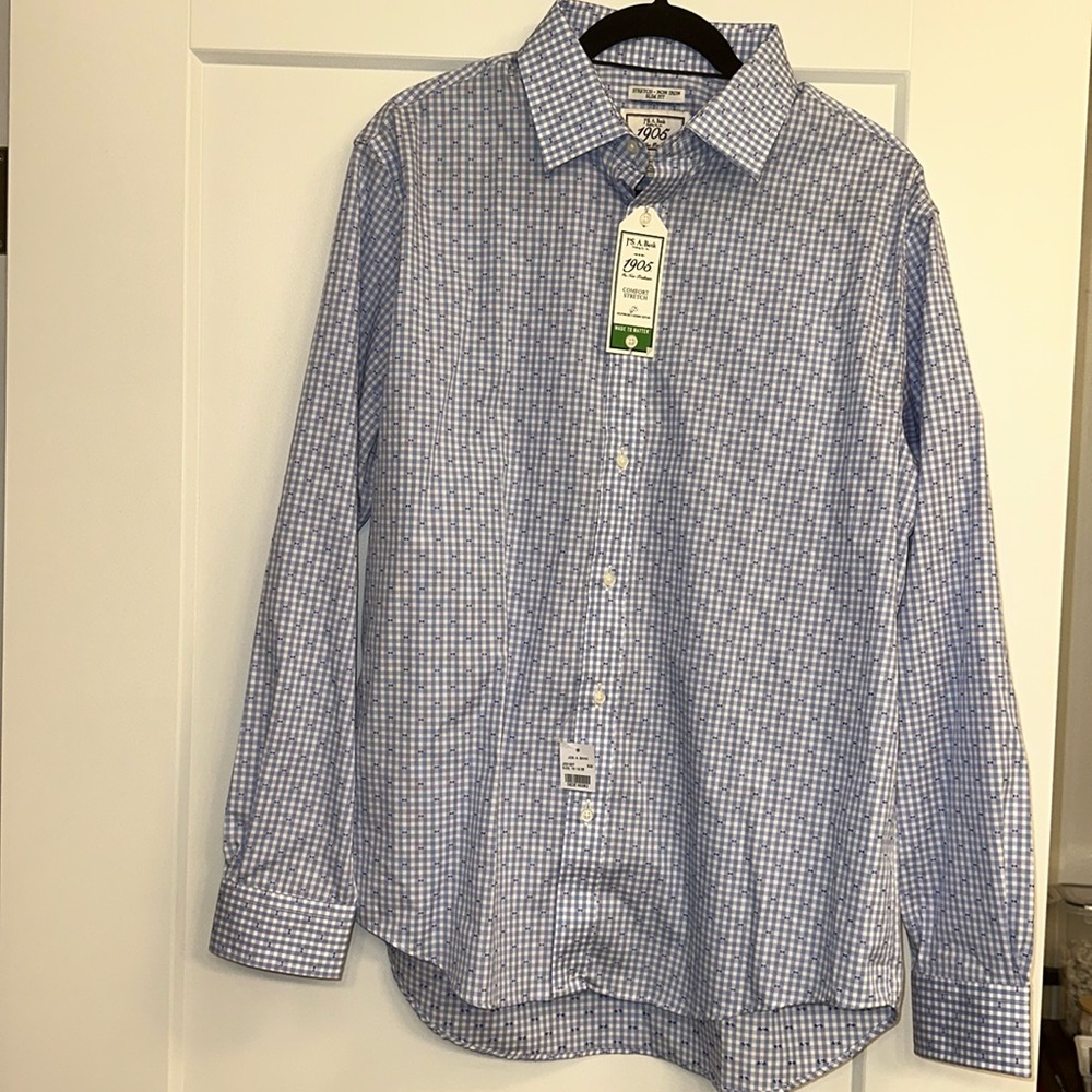 Men’s Blue & White Checkered Striped Dress Shirt